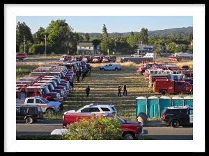 Birds Eye view of firetrucks parked in lines on grass field